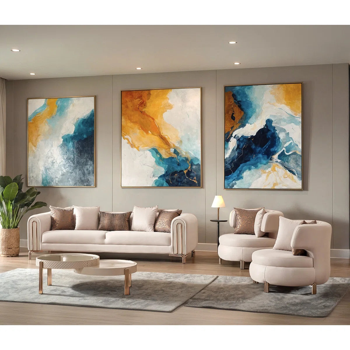 Luxury Sofa Sets: 5-Piece Cream Velvet Sofa Set with Rose Gold Legs & Coffee Table