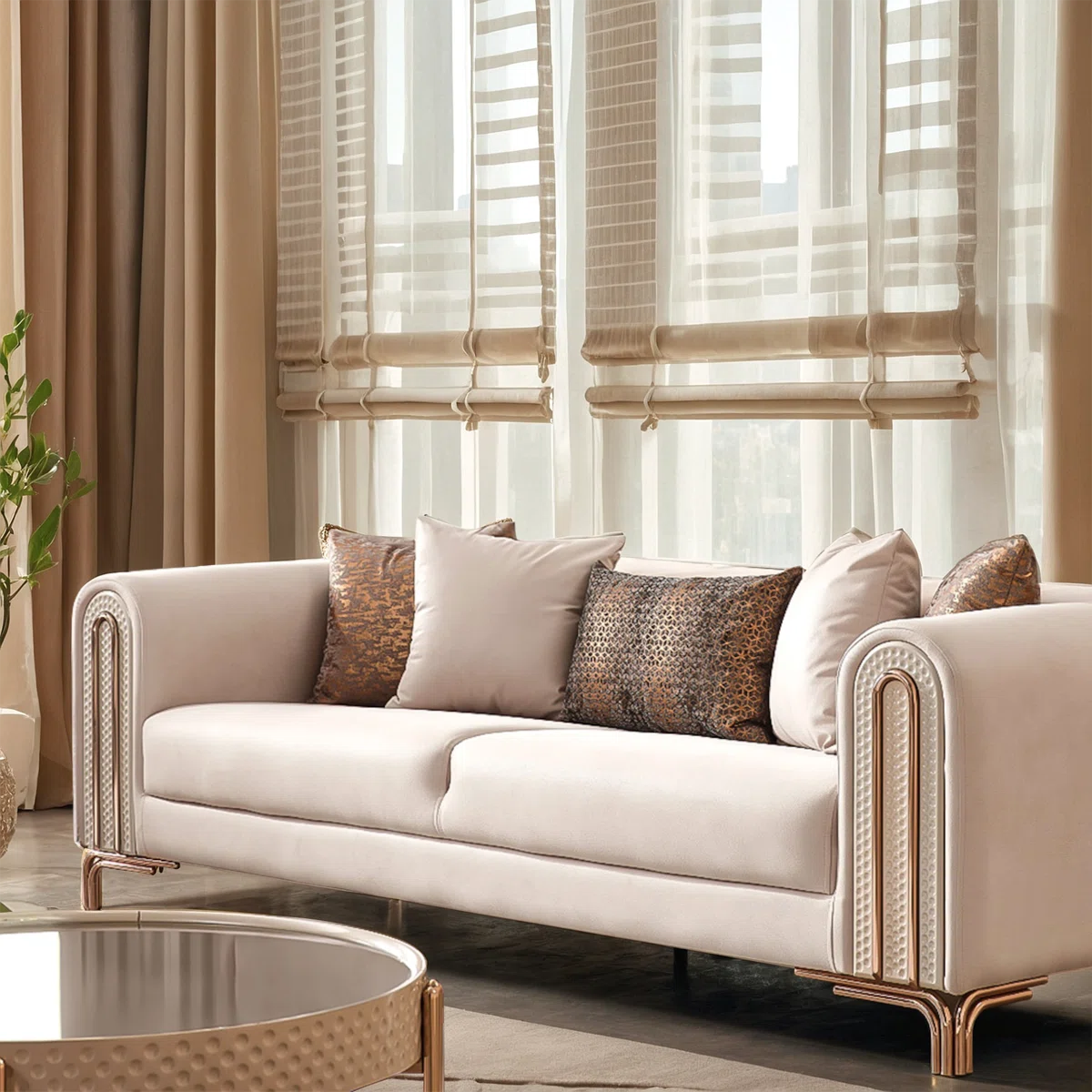 Luxury Sofa Sets: 5-Piece Cream Velvet Sofa Set with Rose Gold Legs & Coffee Table