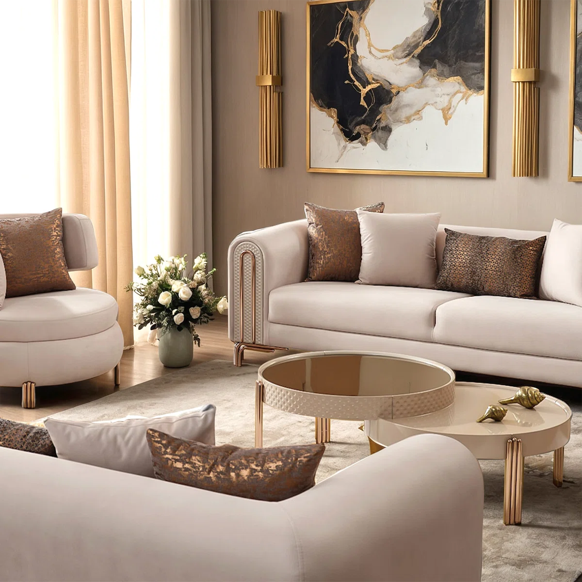 Luxury Sofa Sets: 5-Piece Cream Velvet Sofa Set with Rose Gold Legs & Coffee Table