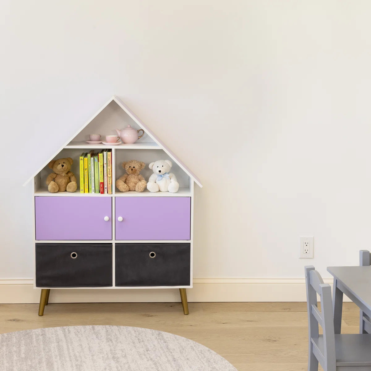Kids Toy Storage Unit – Harper Orchard Dollhouse Bookcase with Bins in Purple & White