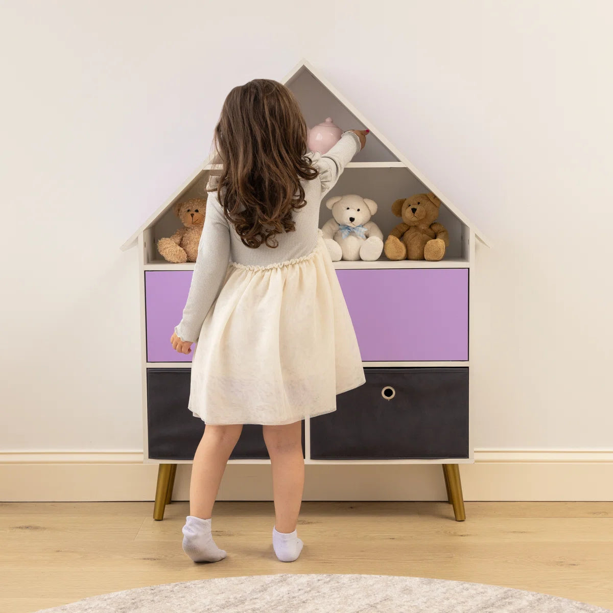 Kids Toy Storage Unit – Harper Orchard Dollhouse Bookcase with Bins in Purple & White