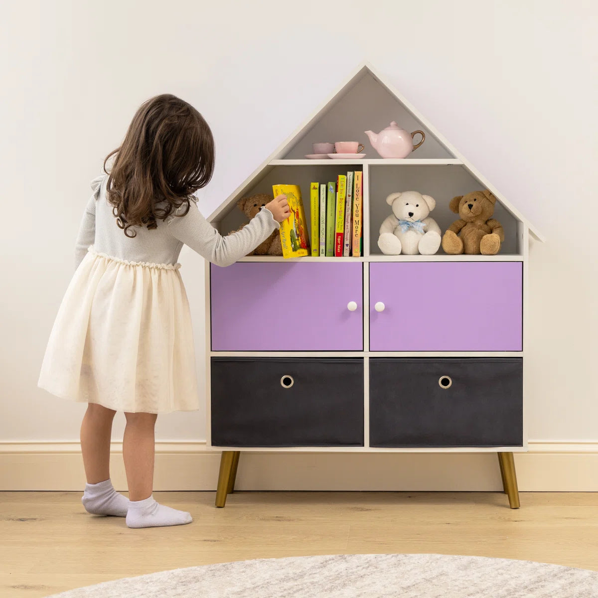 Kids Toy Storage Unit – Harper Orchard Dollhouse Bookcase with Bins in Purple & White