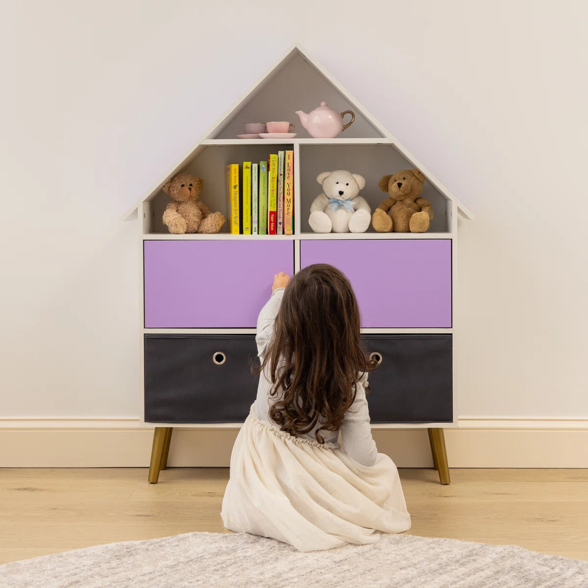 Kids Toy Storage Unit – Harper Orchard Dollhouse Bookcase with Bins in Purple & White