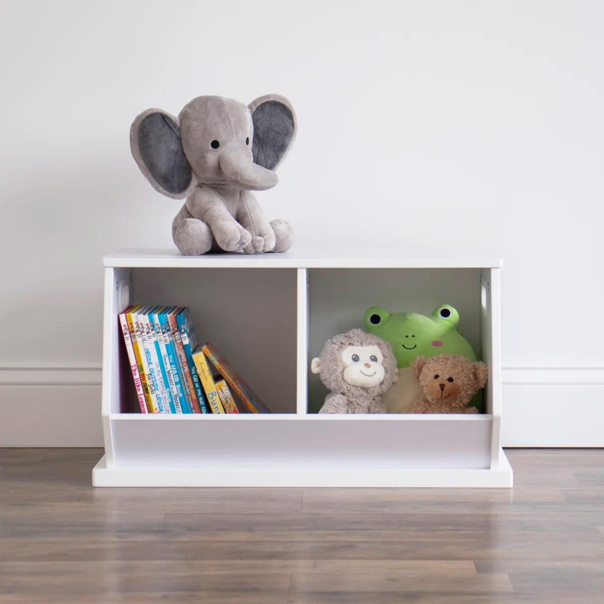 Kids Toy Storage Unit: 2-Compartment Wooden Organiser with Side Handles