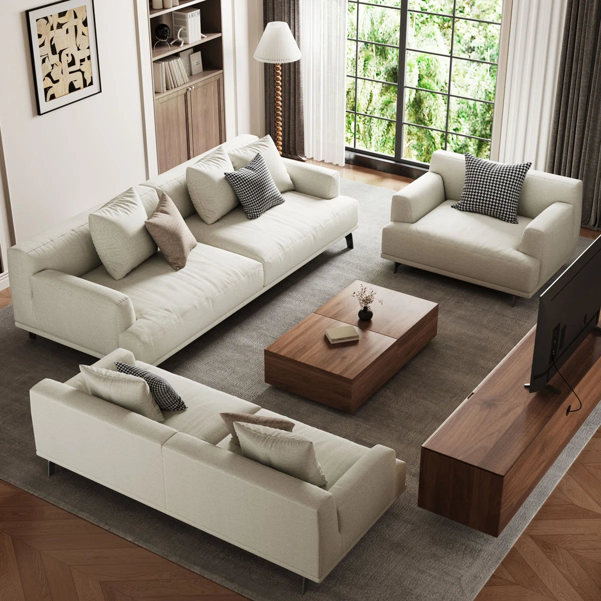 Luxury Sofa Sets: Off-White Linen Modular Sofa Set with Chaise, 3 Sofas & Loveseat