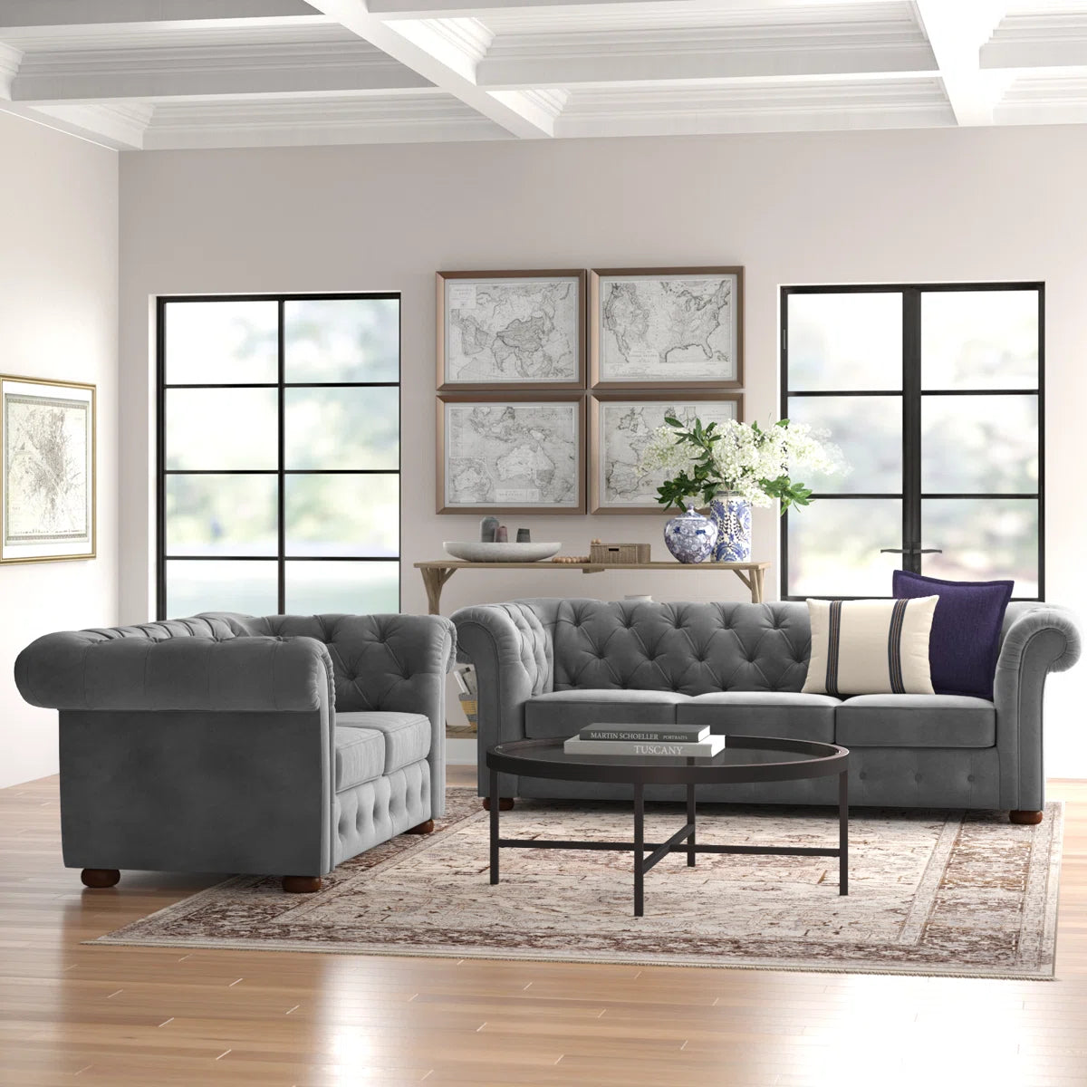 Luxury Sofa Sets: Velvet Tufted Sofa & Loveseat Set with Rolled Arms – Dark Grey
