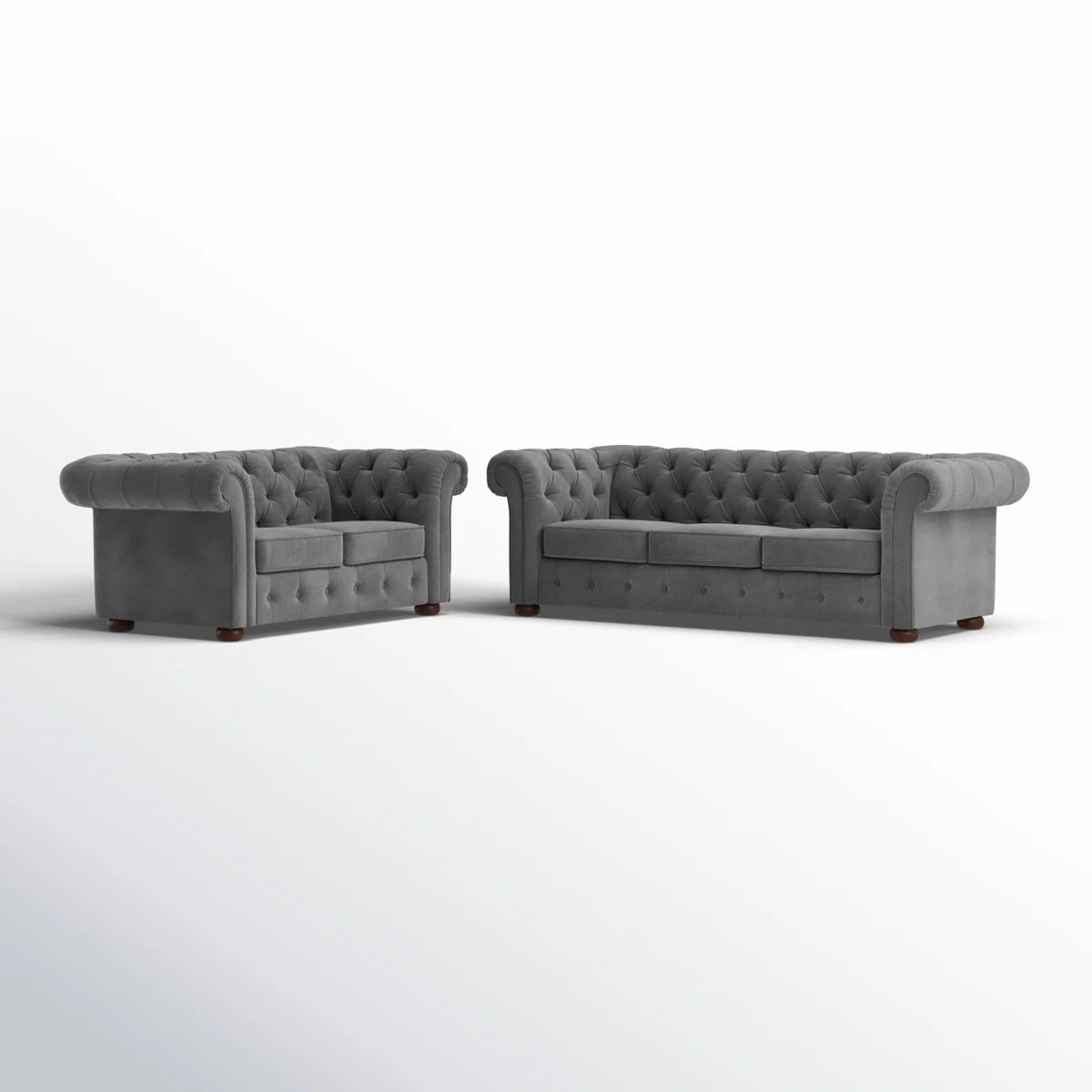 Luxury Sofa Sets: Velvet Tufted Sofa & Loveseat Set with Rolled Arms – Dark Grey