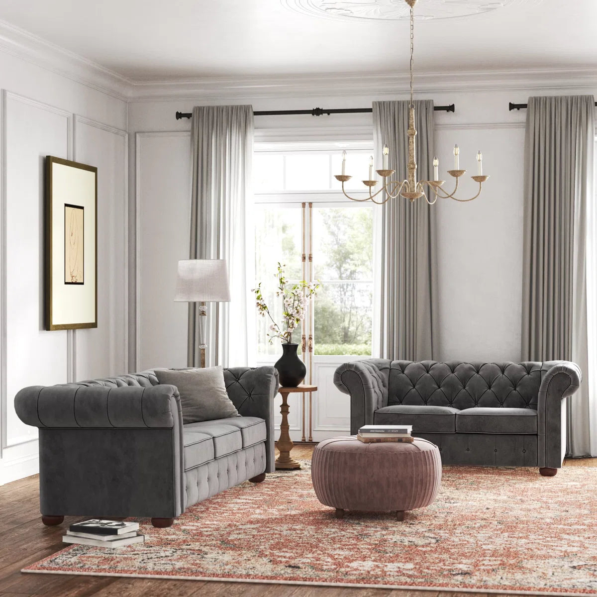 Luxury Sofa Sets: Velvet Tufted Sofa & Loveseat Set with Rolled Arms – Dark Grey
