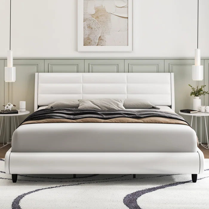 Hydraulic Bed: Arghira PU Upholstered Sleigh Platform Bed with Side Light, White