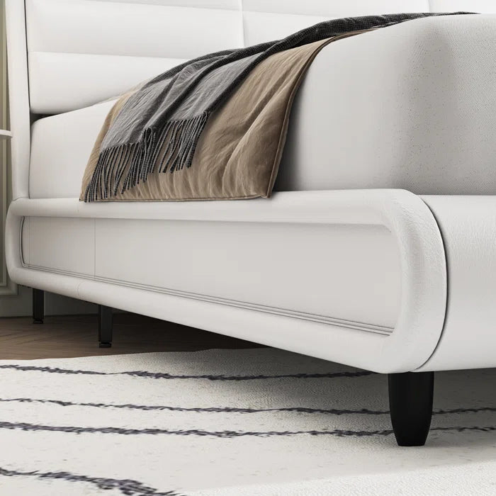 Hydraulic Bed: Arghira PU Upholstered Sleigh Platform Bed with Side Light, White
