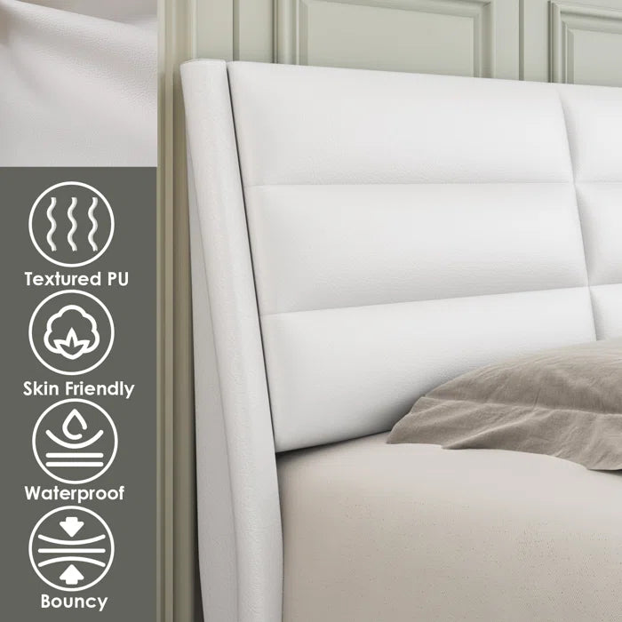 Hydraulic Bed: Arghira PU Upholstered Sleigh Platform Bed with Side Light, White