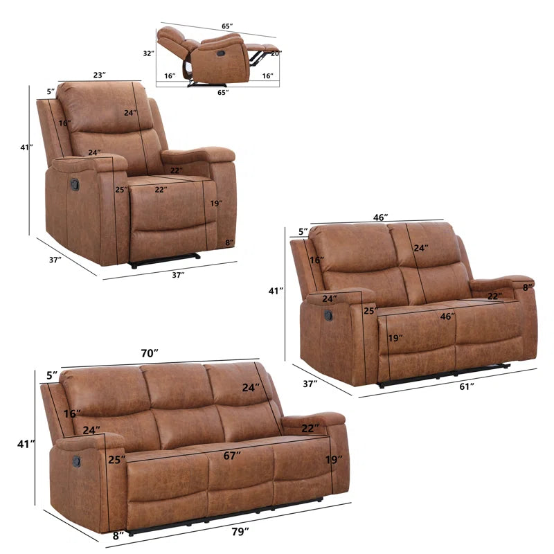Luxury Sofa Sets: 3-Piece Faux Leather Reclining Sofa Set with Cup Holders