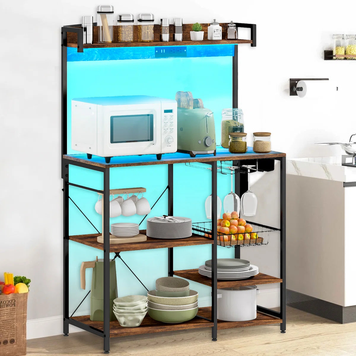 Kitchen Racks: Industrial Baker's Rack with LED Lighting, Power Outlet, and Kitchen Storage
