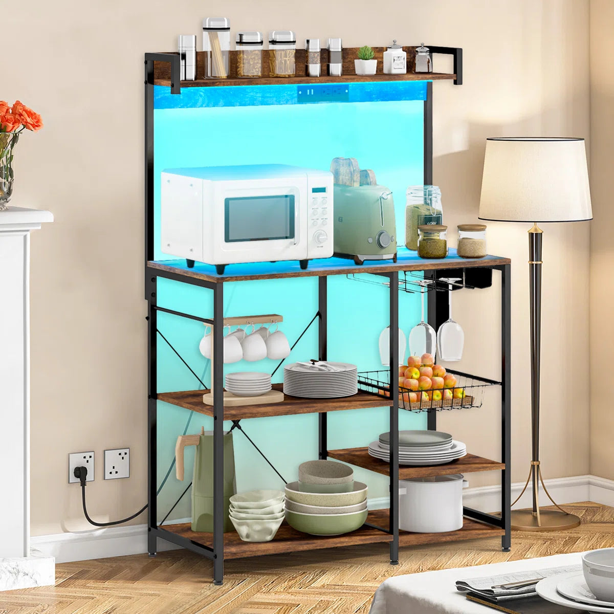 Kitchen Racks: Industrial Baker's Rack with LED Lighting, Power Outlet, and Kitchen Storage