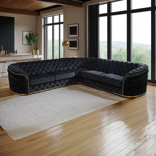 Luxury Sofa Sets: 3-Piece Black Microfiber Sofa Set with Gold Accents – Elegant & Modern Living Room Furniture
