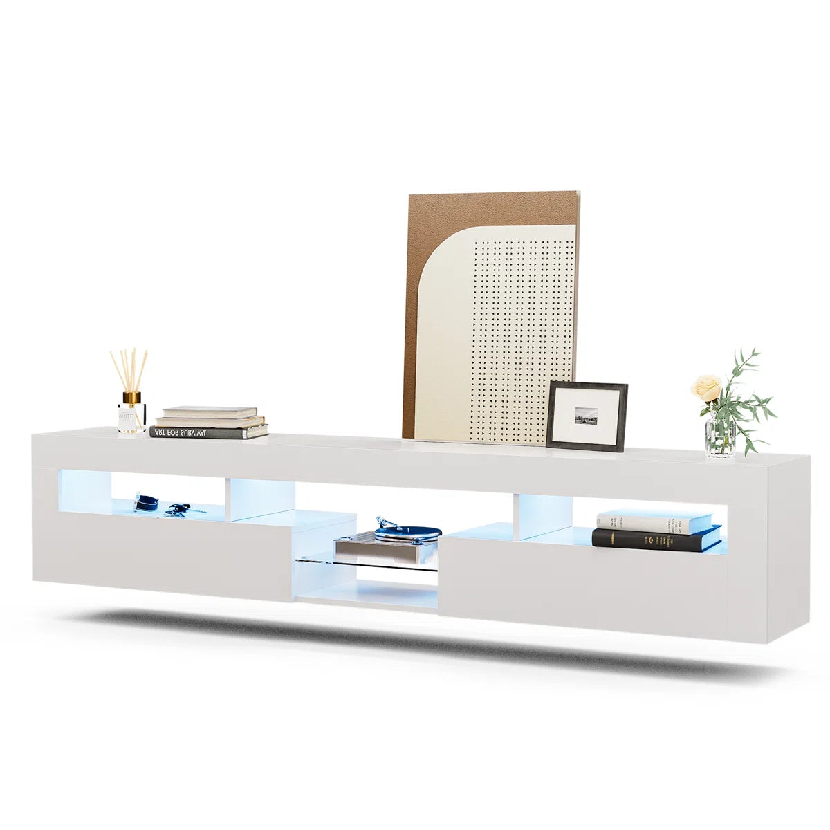 tv panel: 85" wall-mounted entertainment center, high-gloss white with LED and storage