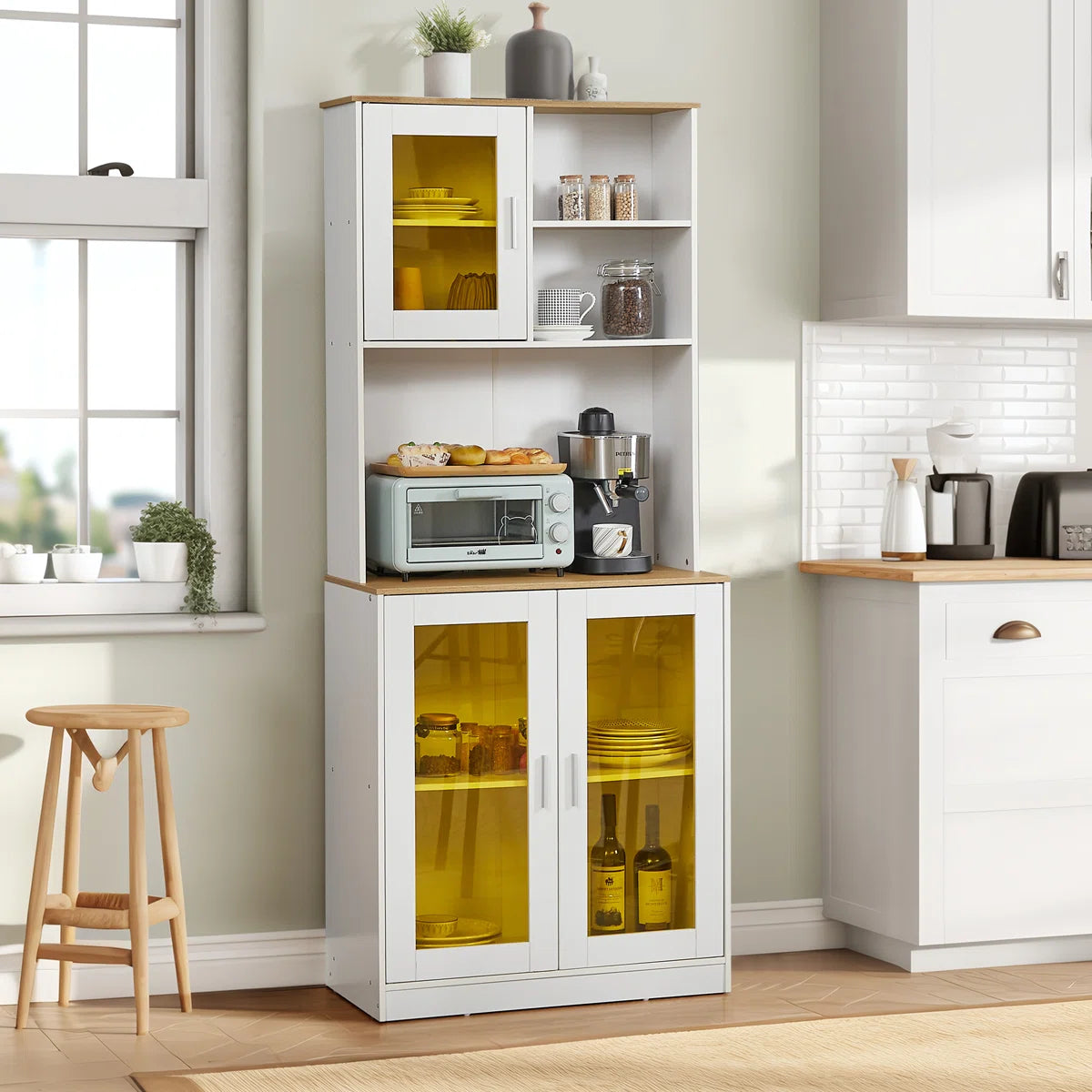 Microwave Stands: 71" Freestanding Kitchen Pantry Cabinet with Doors, Shelves & Hutch Organizer
