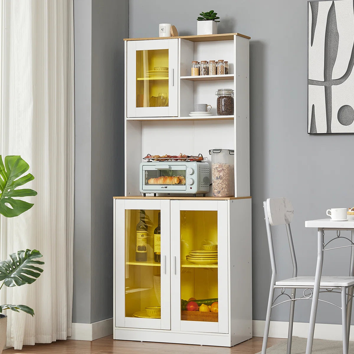 Microwave Stands: 71" Freestanding Kitchen Pantry Cabinet with Doors, Shelves & Hutch Organizer