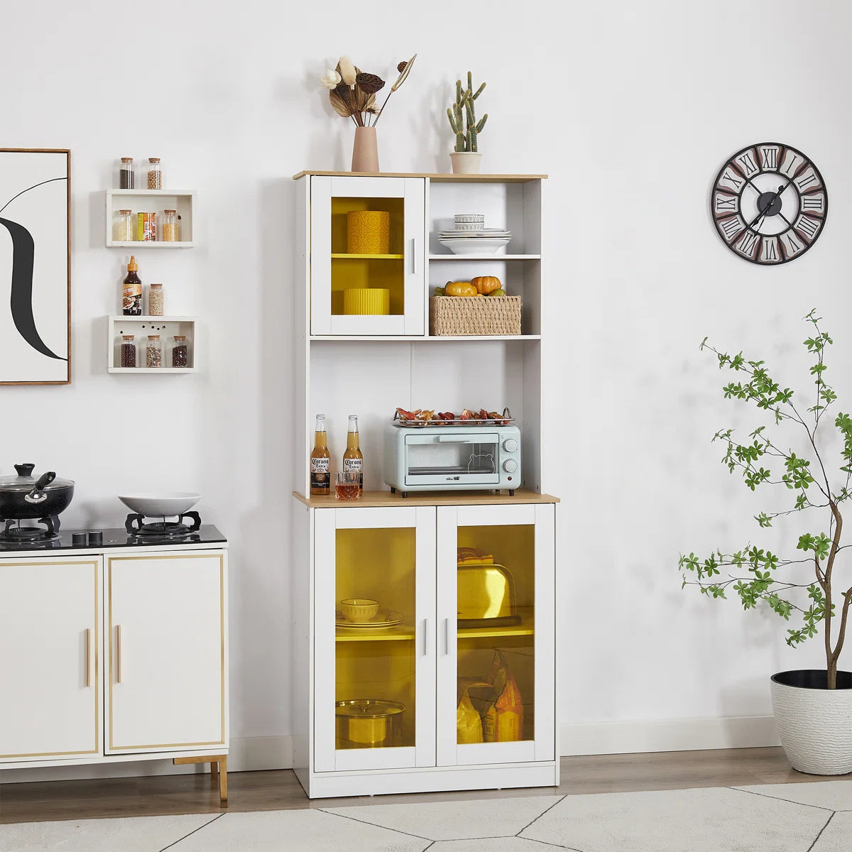 Microwave Stands: 71" Freestanding Kitchen Pantry Cabinet with Doors, Shelves & Hutch Organizer