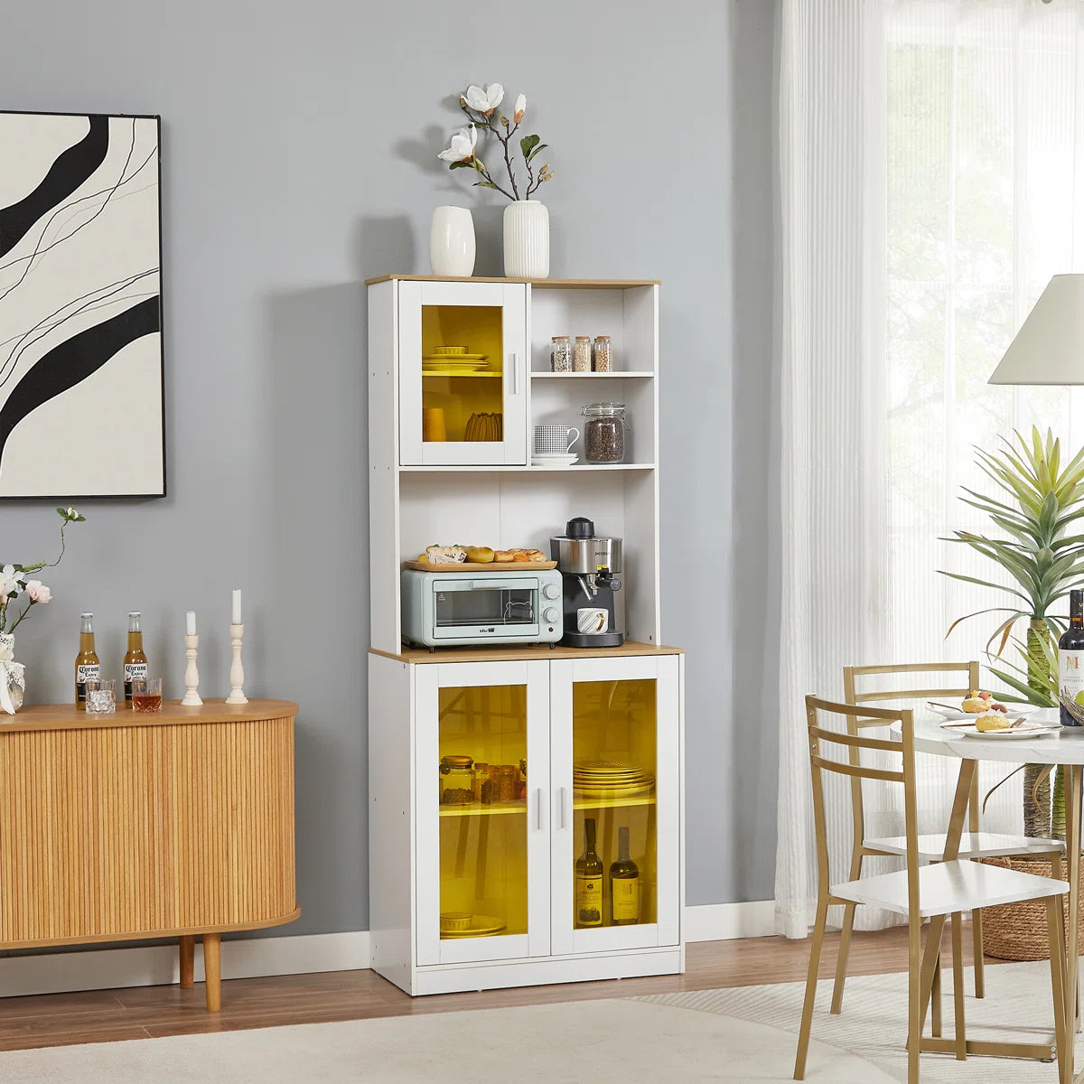 Microwave Stands: 71" Freestanding Kitchen Pantry Cabinet with Doors, Shelves & Hutch Organizer