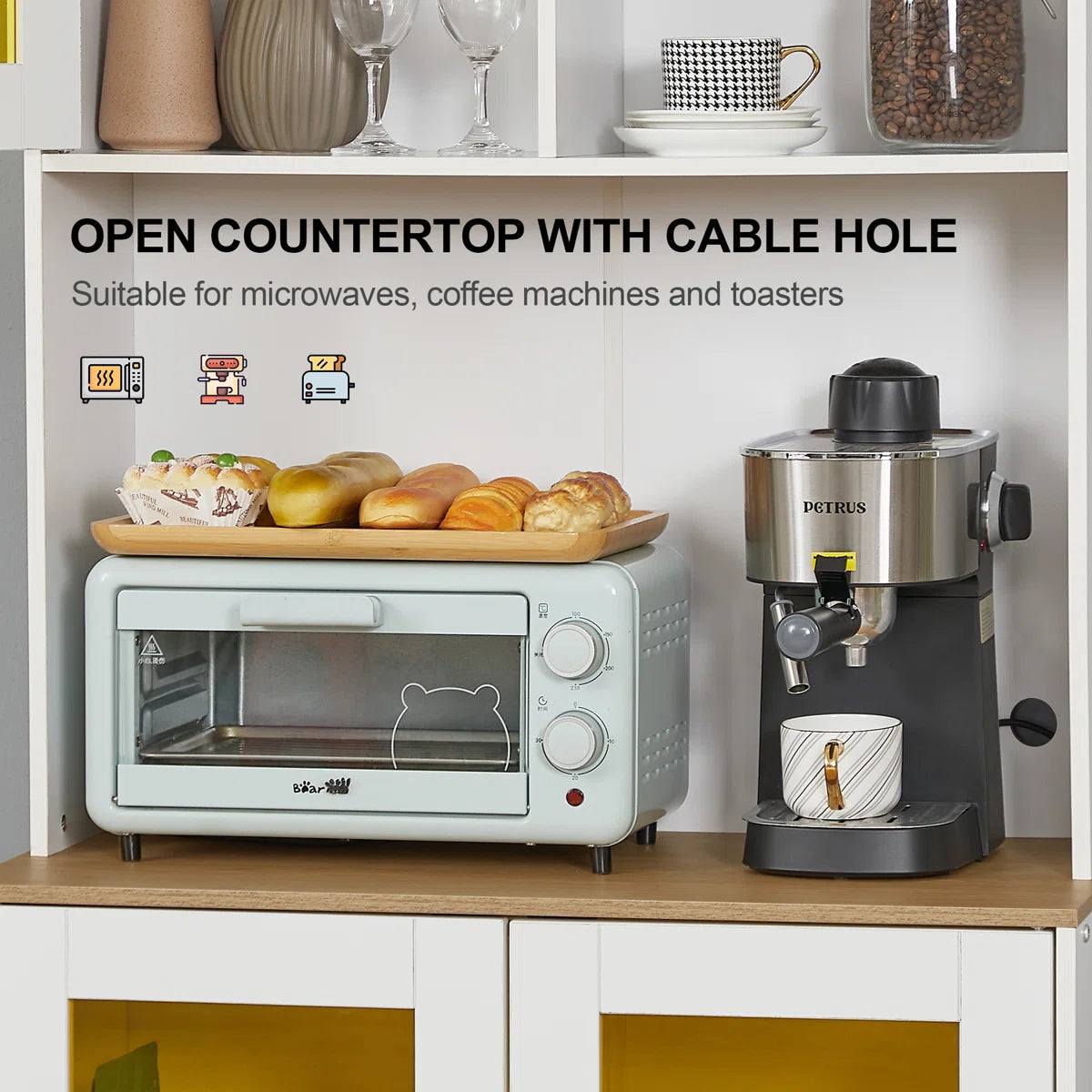 Microwave Stands: 71" Freestanding Kitchen Pantry Cabinet with Doors, Shelves & Hutch Organizer