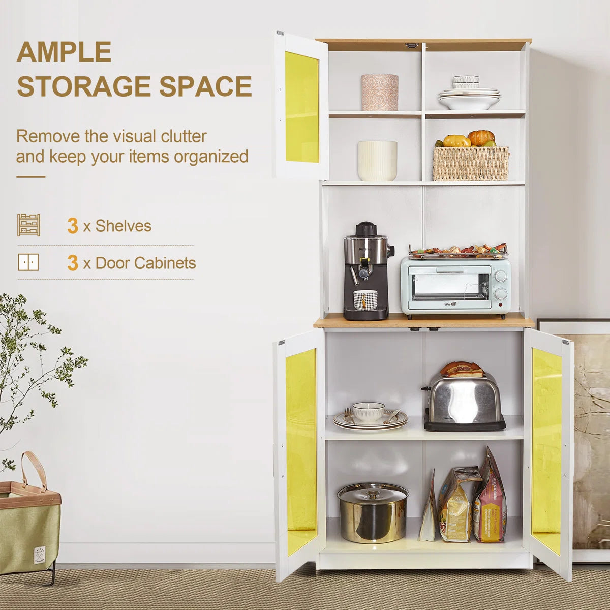Microwave Stands: 71" Freestanding Kitchen Pantry Cabinet with Doors, Shelves & Hutch Organizer