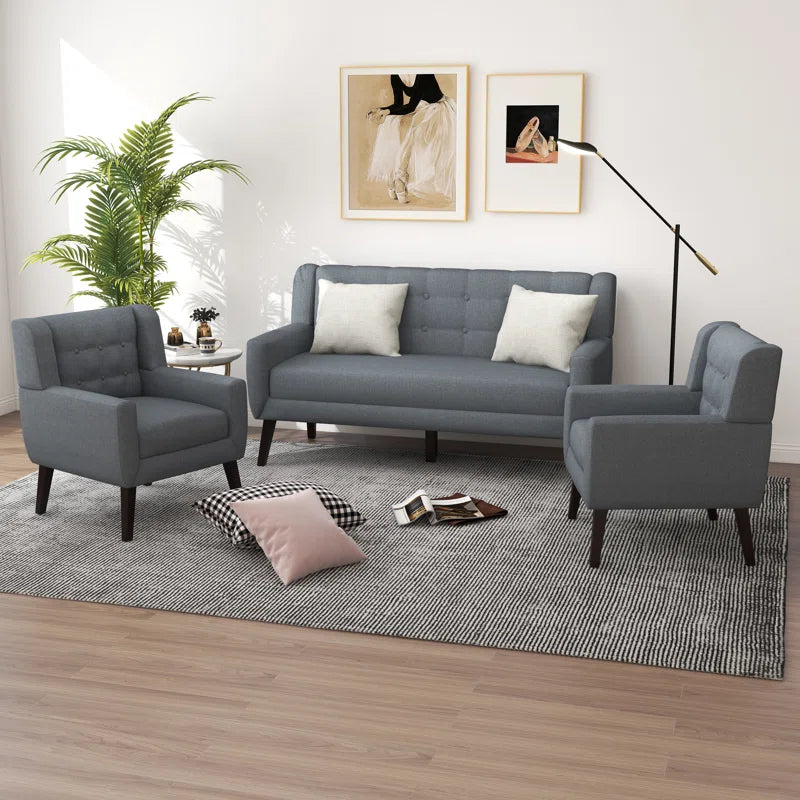 Luxury Sofa Sets: 3-Piece Mid-Century Modern Linen Sofa, Loveseat & 2 Chairs with Tufted Design