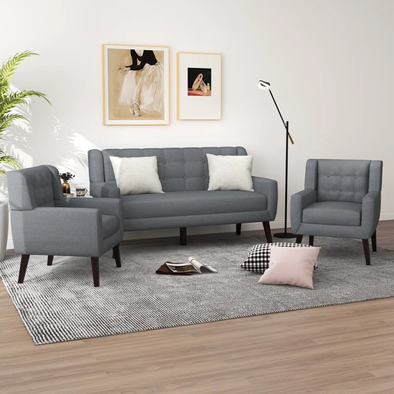 Luxury Sofa Sets: 3-Piece Mid-Century Modern Linen Sofa, Loveseat & 2 Chairs with Tufted Design