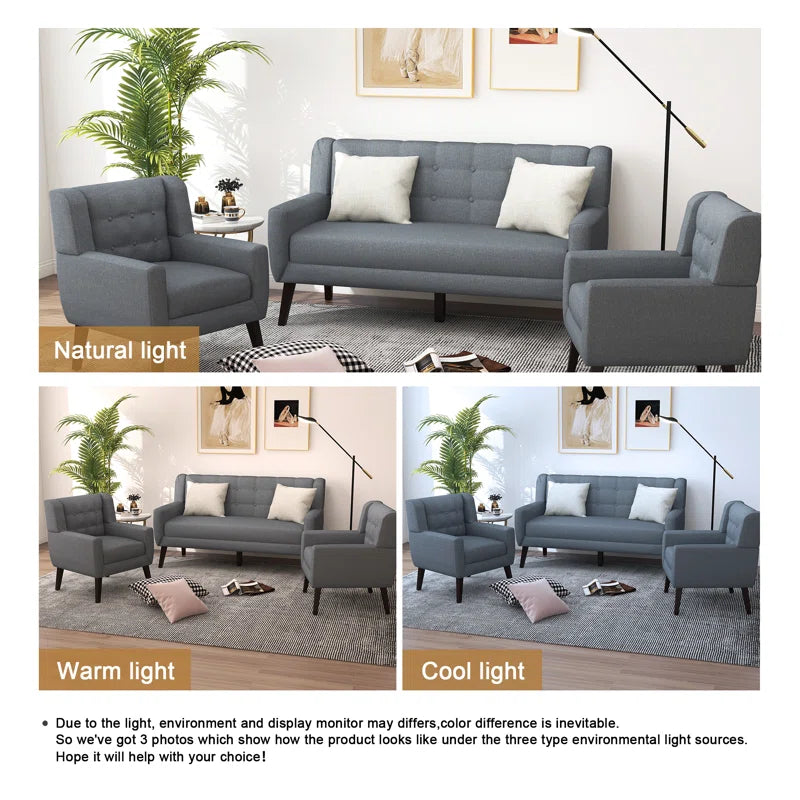 Luxury Sofa Sets: 3-Piece Mid-Century Modern Linen Sofa, Loveseat & 2 Chairs with Tufted Design
