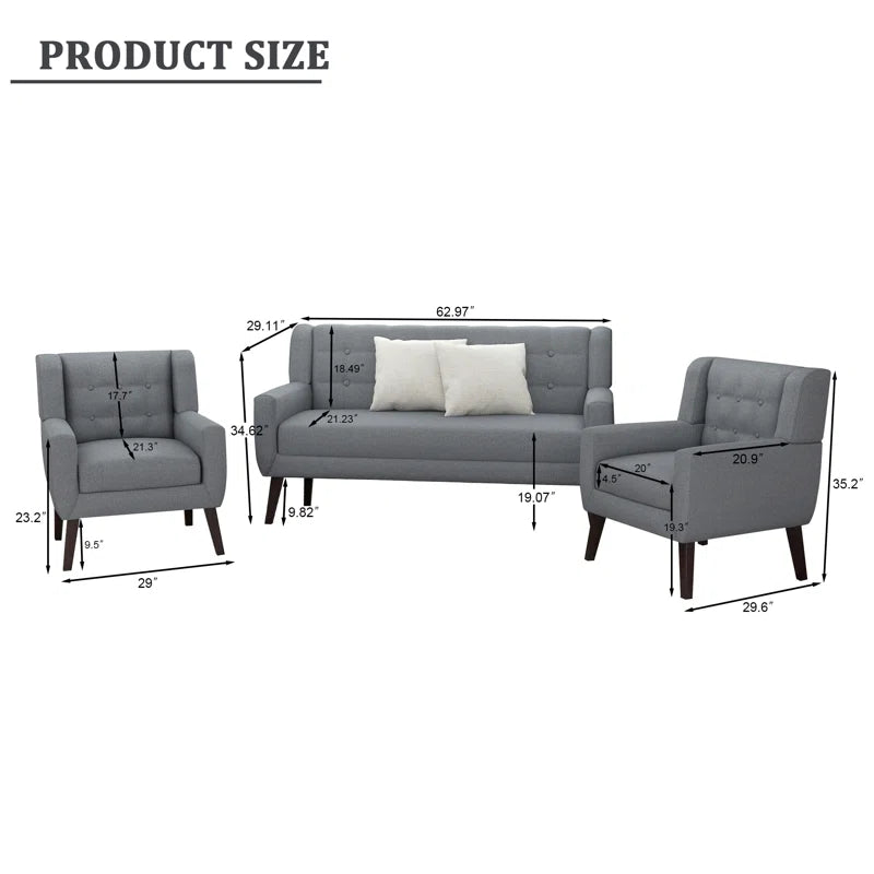 Luxury Sofa Sets: 3-Piece Mid-Century Modern Linen Sofa, Loveseat & 2 Chairs with Tufted Design