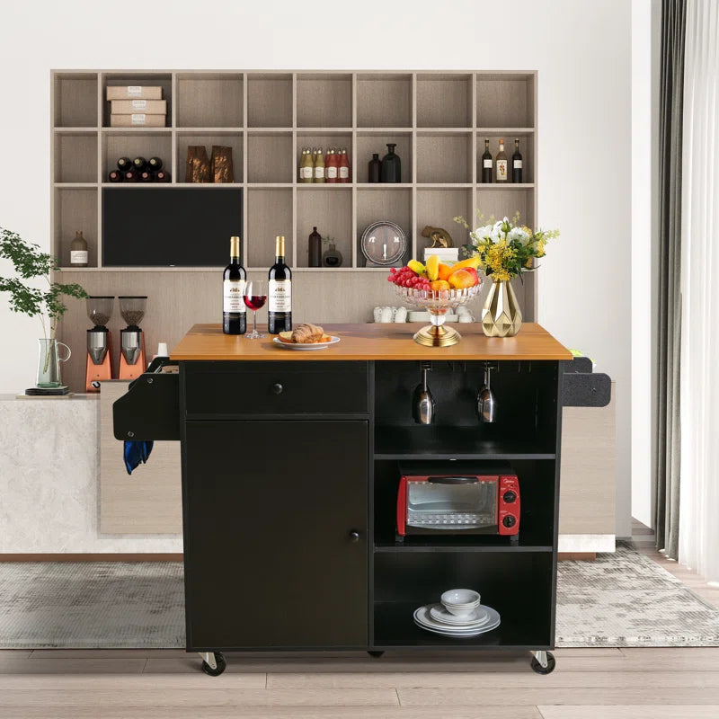 Kitchen Island Table with Drop Leaf, Drawers, Cabinet & Wheels – 43.7 Inch with Ample Storage