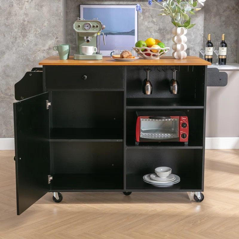 Kitchen Island Table with Drop Leaf, Drawers, Cabinet & Wheels – 43.7 Inch with Ample Storage
