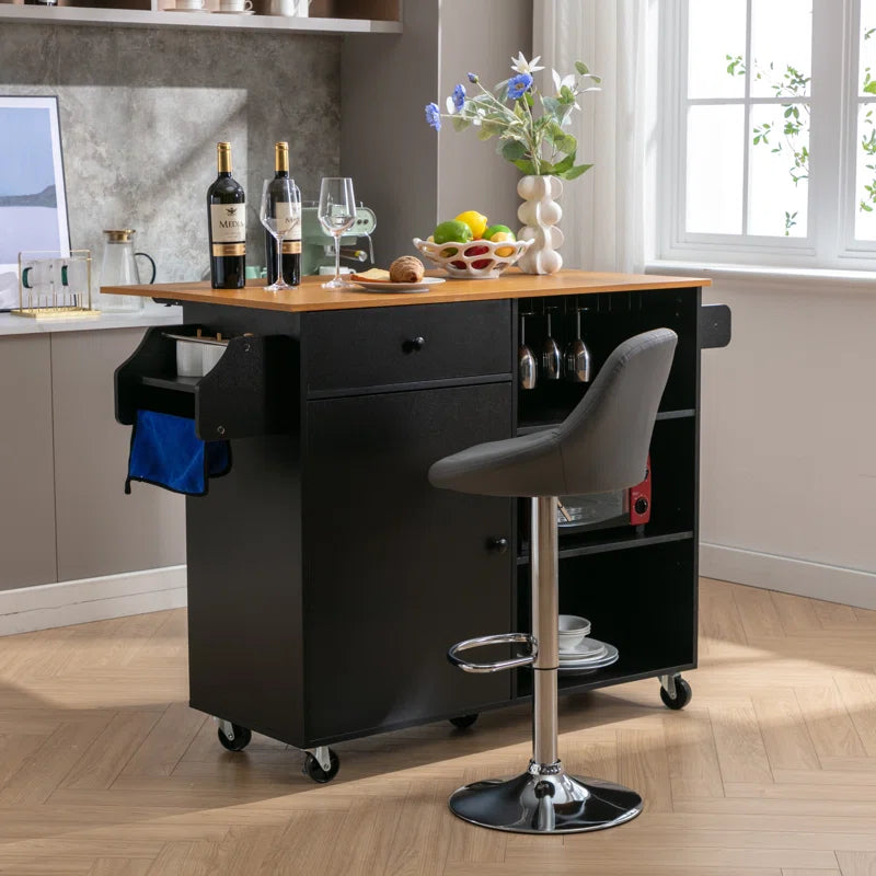 Kitchen Island Table with Drop Leaf, Drawers, Cabinet & Wheels – 43.7 Inch with Ample Storage