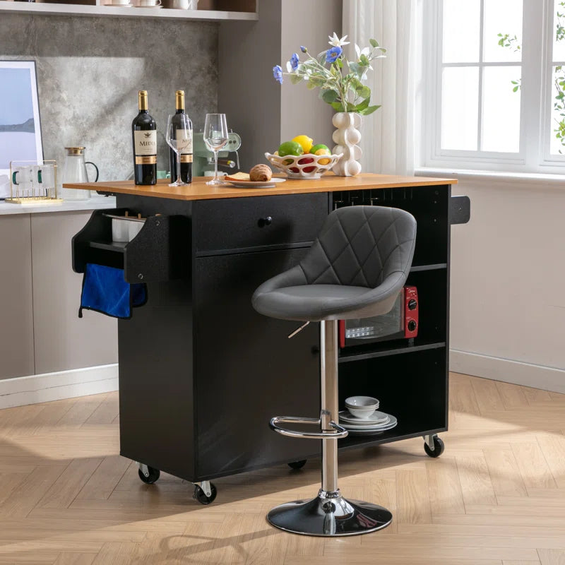 Kitchen Island Table with Drop Leaf, Drawers, Cabinet & Wheels – 43.7 Inch with Ample Storage