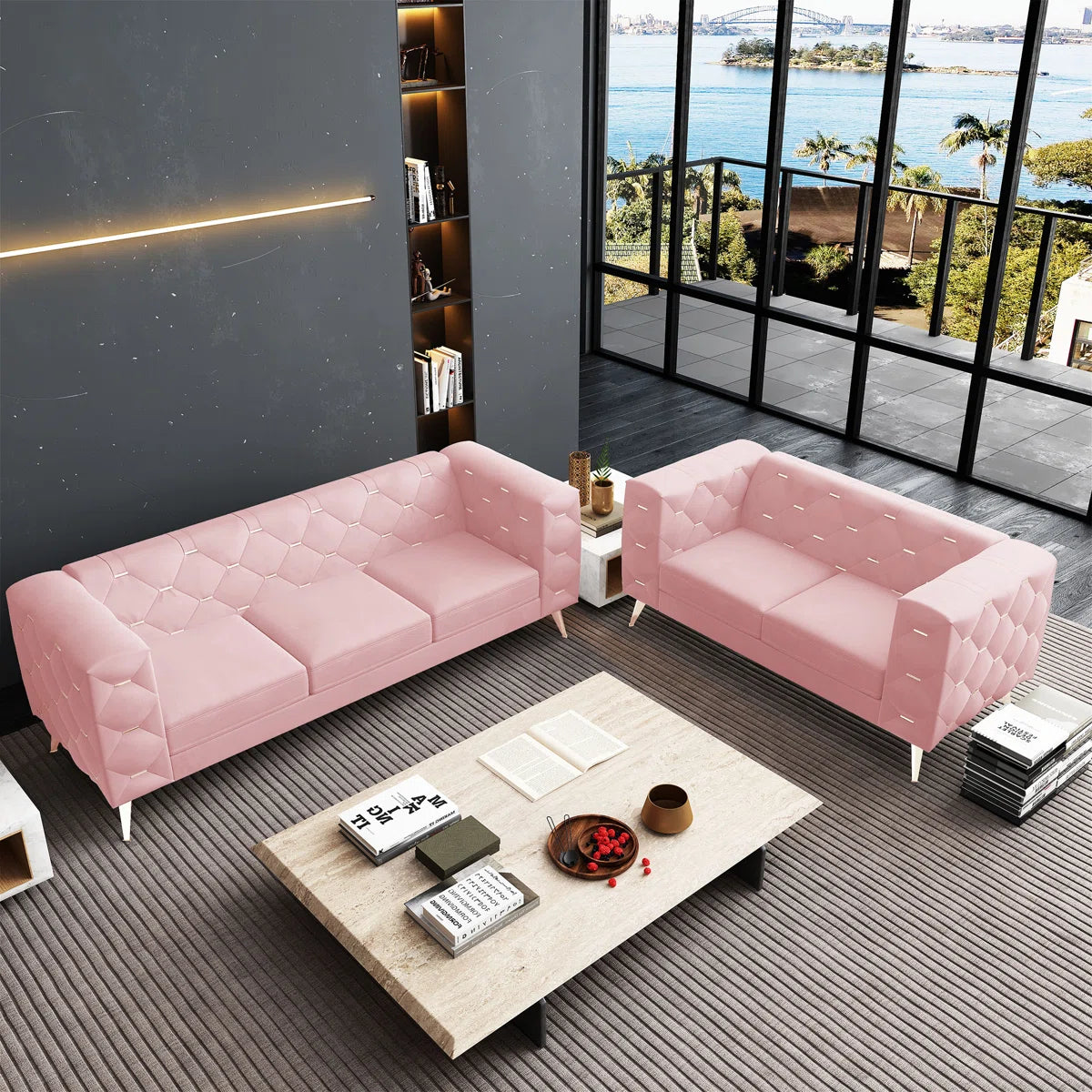 Luxury Sofa Sets: 84'' Wide Velvet Standard Sofa with Loveseat and Gold Legs