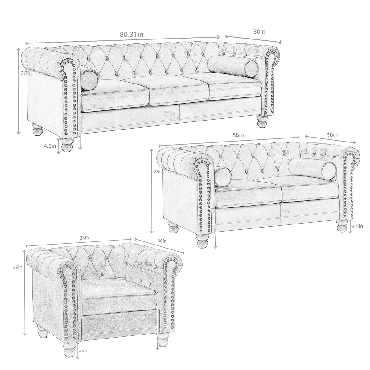 7 Seater Sofa Set: 3-Piece Fabric Leather Living Room Set