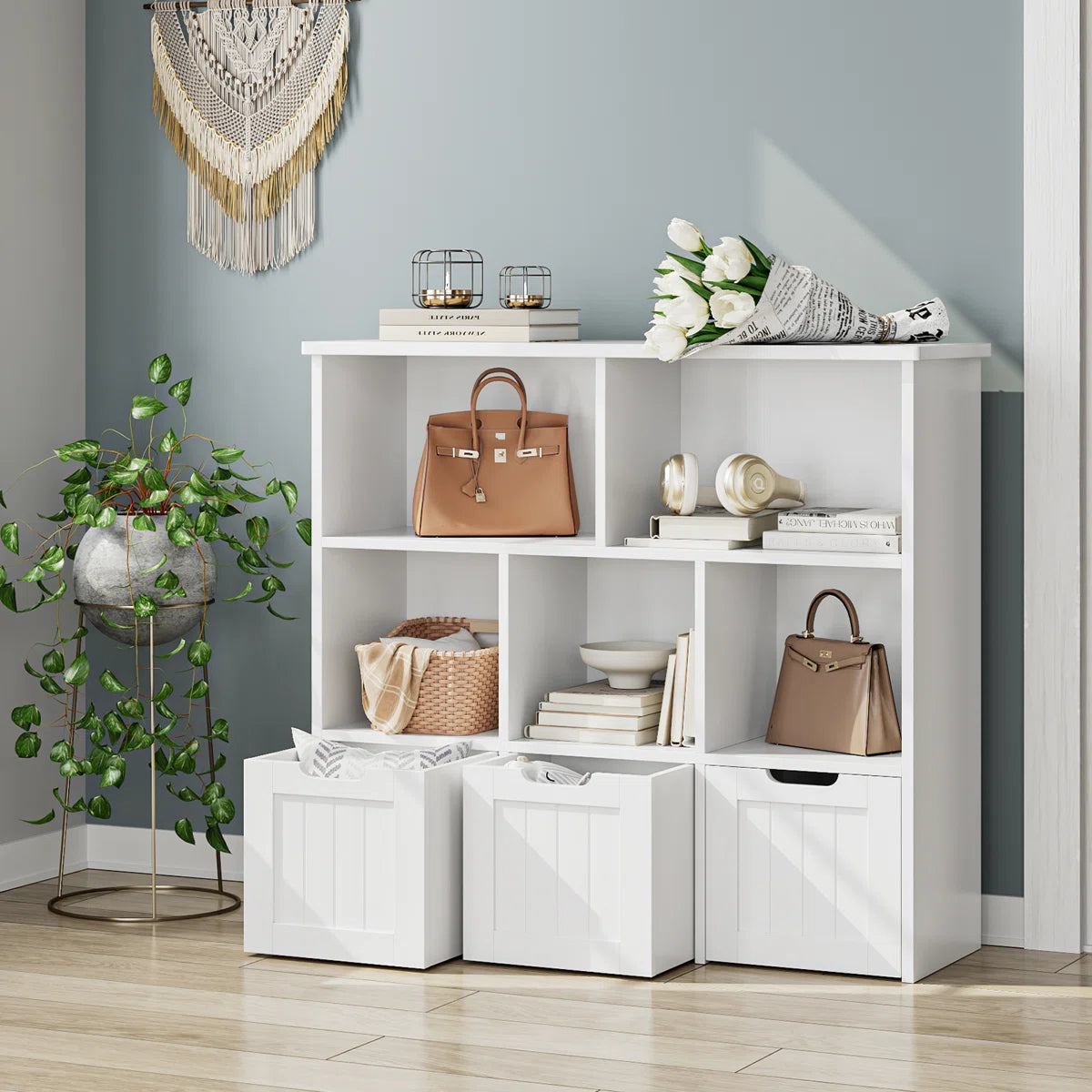 Kids Toy Storage Unit: 39.4'' Wide Engineered Wood Toy Organiser with Drawers, Shelves & Wheels