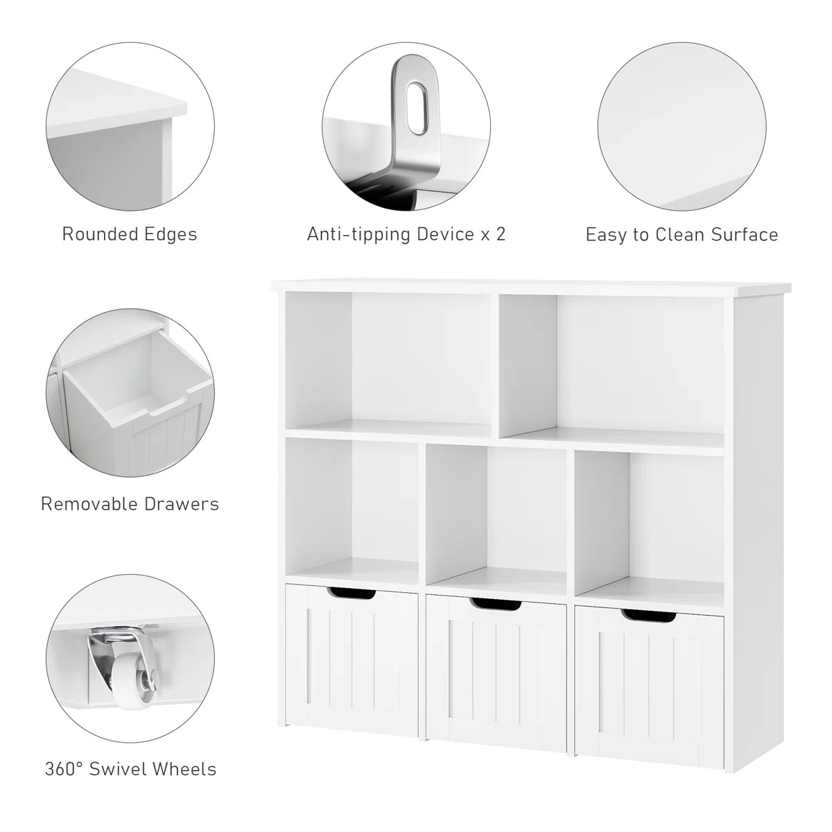 Kids Toy Storage Unit: 39.4'' Wide Engineered Wood Toy Organiser with Drawers, Shelves & Wheels