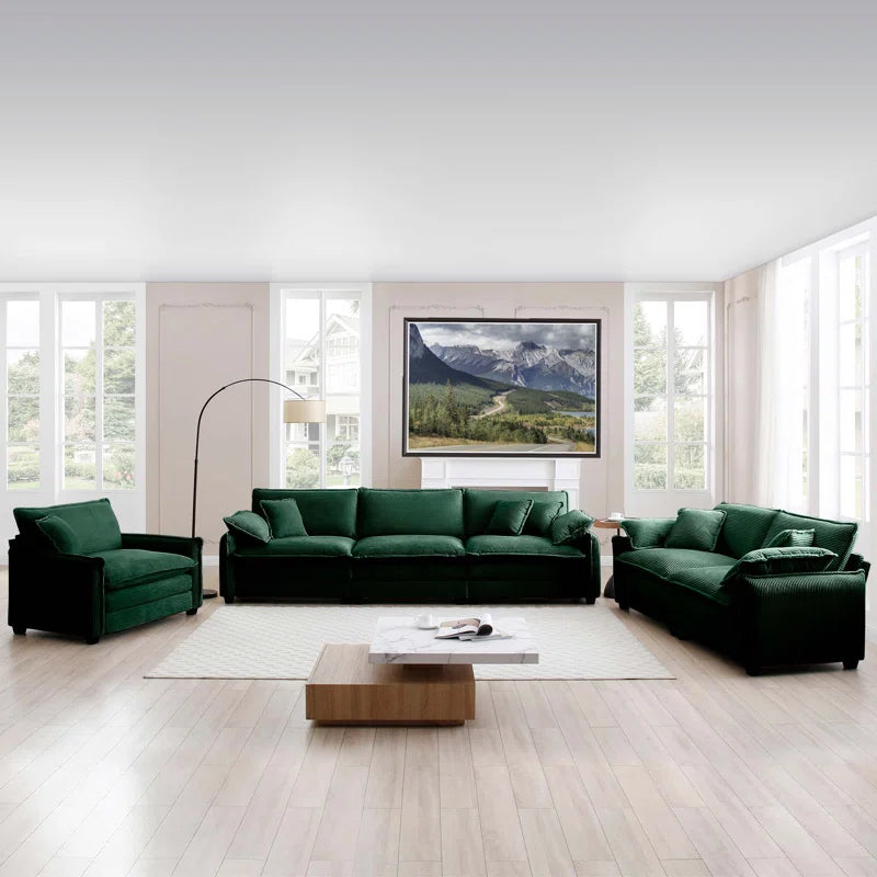 Luxury Sofa Sets: 3-Piece Oversized Corduroy Sectional Sofa Set with Chair, Loveseat & 6 Toss Pillows