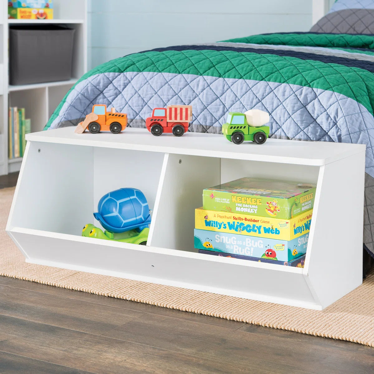 Kids Toy Storage Unit: 15.12'' Wide MDF Stackable Angled Organiser with 2 Compartments