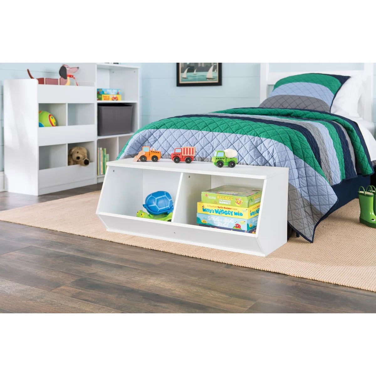 Kids Toy Storage Unit: 15.12'' Wide MDF Stackable Angled Organiser with 2 Compartments