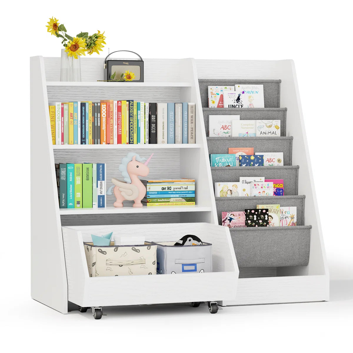 Kids Toy Storage Unit: 4-Tier Montessori Bookshelf with Sling Pockets and Movable Drawer