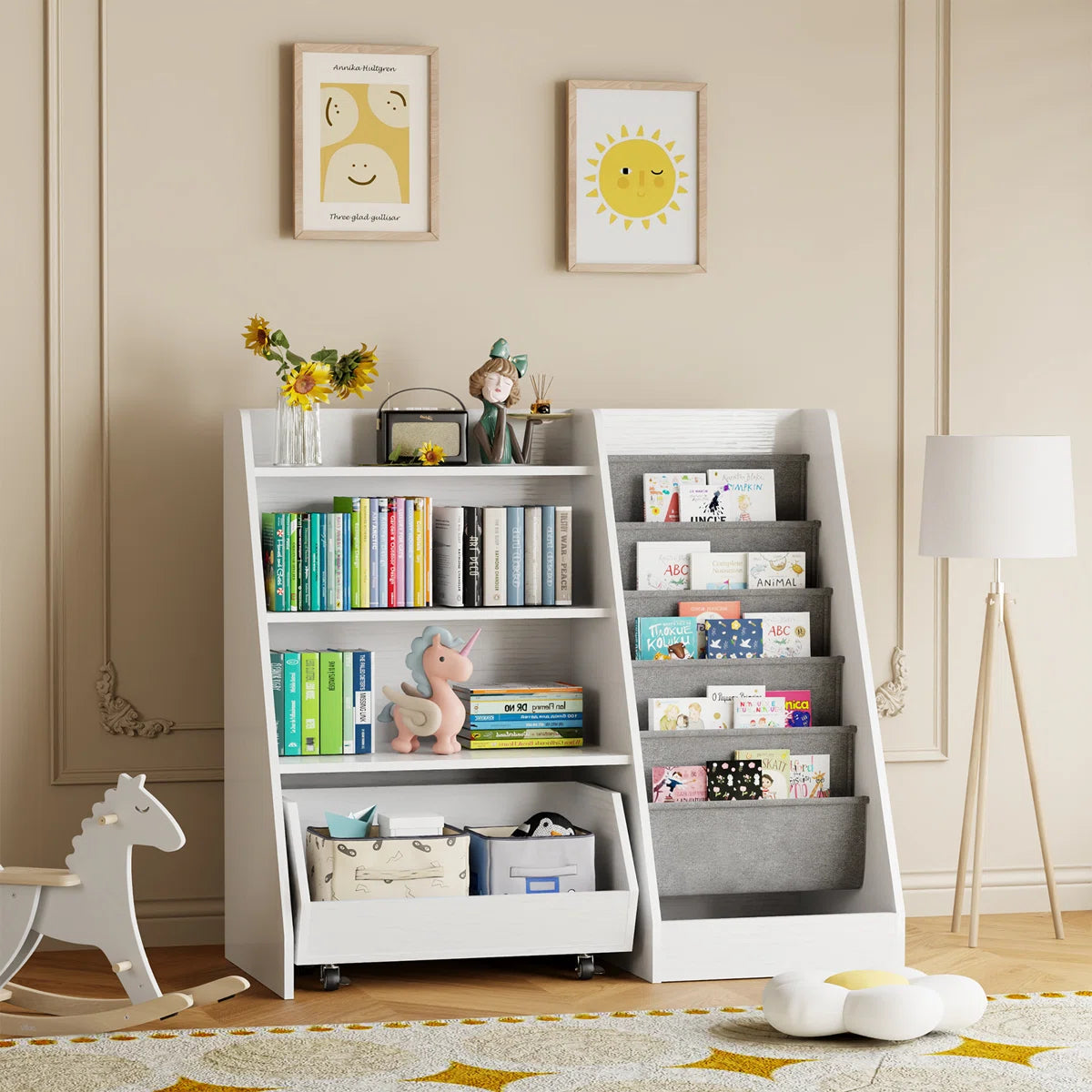 Kids Toy Storage Unit: 4-Tier Montessori Bookshelf with Sling Pockets and Movable Drawer