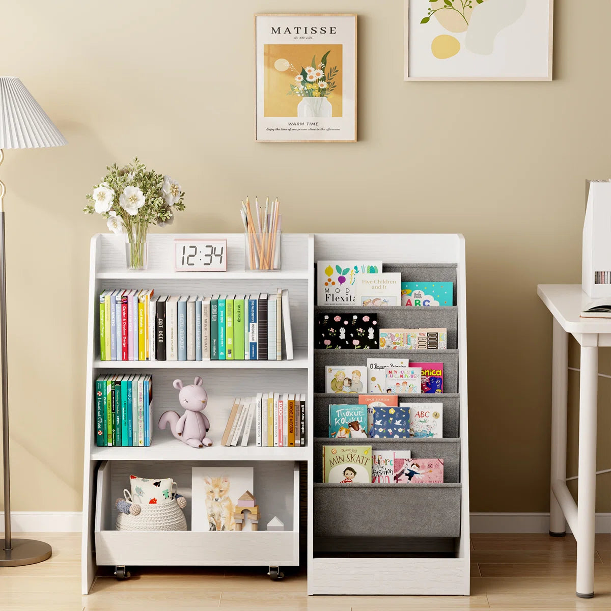 Kids Toy Storage Unit: 4-Tier Montessori Bookshelf with Sling Pockets and Movable Drawer