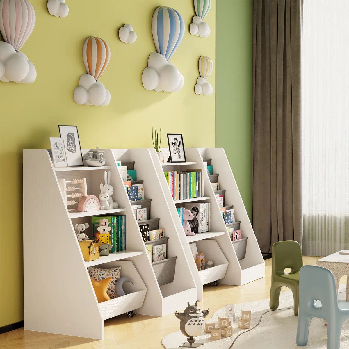 Kids Toy Storage Unit: 4-Tier Montessori Bookshelf with Sling Pockets and Movable Drawer