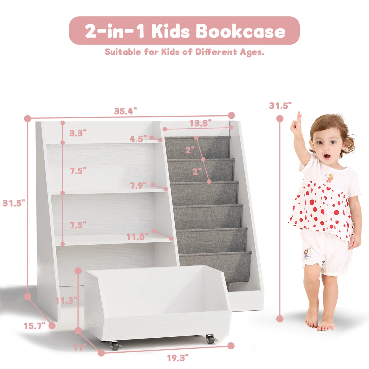 Kids Toy Storage Unit: 4-Tier Montessori Bookshelf with Sling Pockets and Movable Drawer