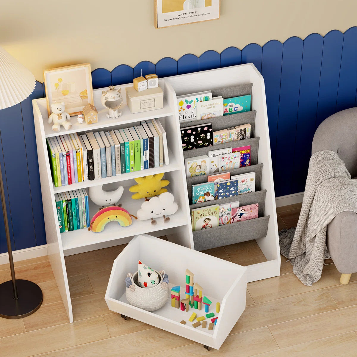 Kids Toy Storage Unit: 4-Tier Montessori Bookshelf with Sling Pockets and Movable Drawer