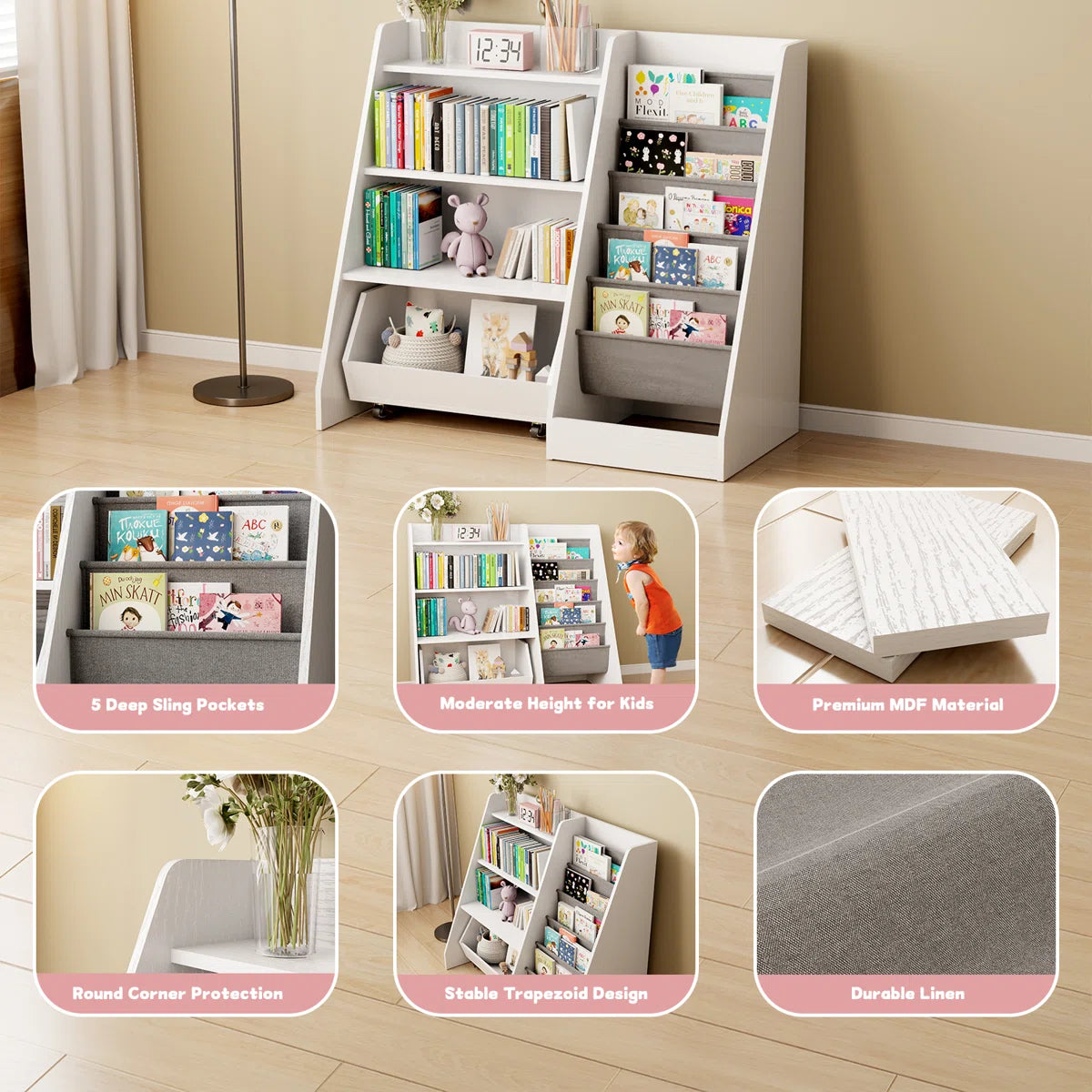 Kids Toy Storage Unit: 4-Tier Montessori Bookshelf with Sling Pockets and Movable Drawer