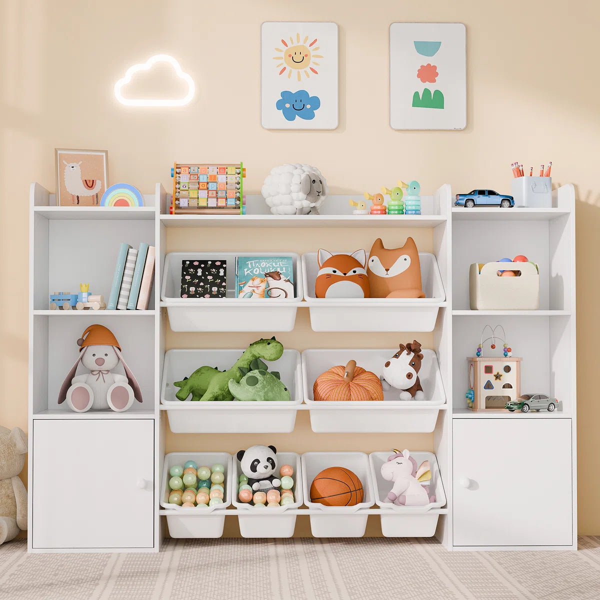 Kids Toy Storage Unit: 55.7" Wide Multi-Bin Organiser with Book Shelves & Cabinets