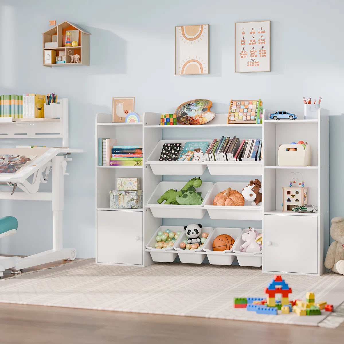 Kids Toy Storage Unit: 55.7" Wide Multi-Bin Organiser with Book Shelves & Cabinets